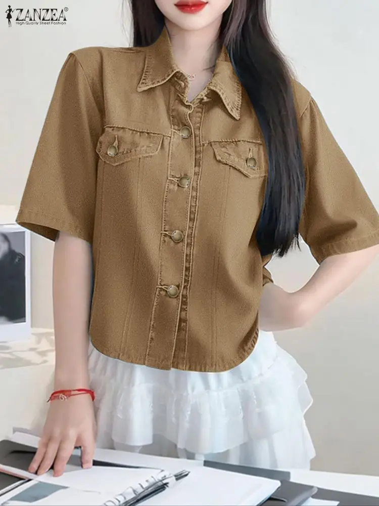 ZANZEA Women Shirts Fashion Short Sleeve Casual Solid Blouse 2025 Summer Lapel Buttons Elegant Office Lady Blusas Streetwear Top
