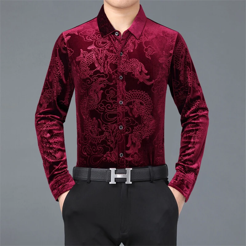 Creative Golden Yellow Dragon Shirts For Men Long Sleeved Casual Autumn High Quality Smooth Comfortable Velour Camisas De Hombre