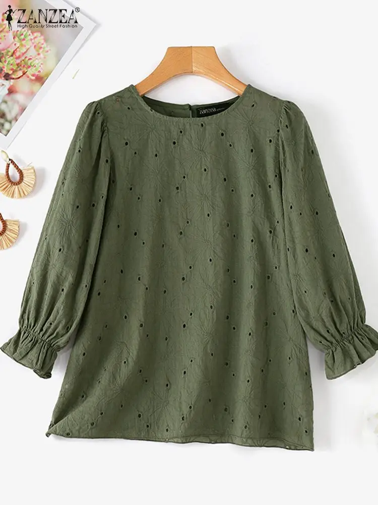 ZANZEA Hollow Out Embroidery Commute Party Tops Cotton Puff Sleeve 2024 Summer Women Blusas Solid Elegant Korean Fashion Blouses