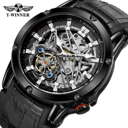 T-Winner New 2024 Men Automatic Mechanical Movement Watch Leather Strap Skeleton Fashion Waterproof for Male Gift Watches