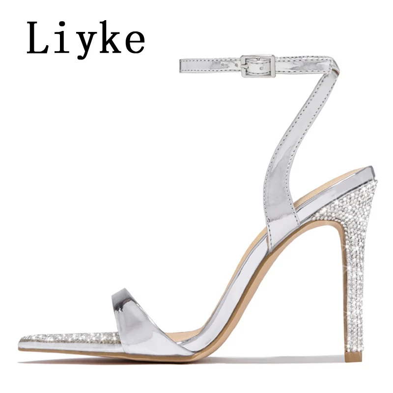 Liyke Fashion Glitter dżetów damskie buty na wysokim obcasie seksowne sandały letnie kryształowe szpiczasty nosek wesele striptizerka buty damskie