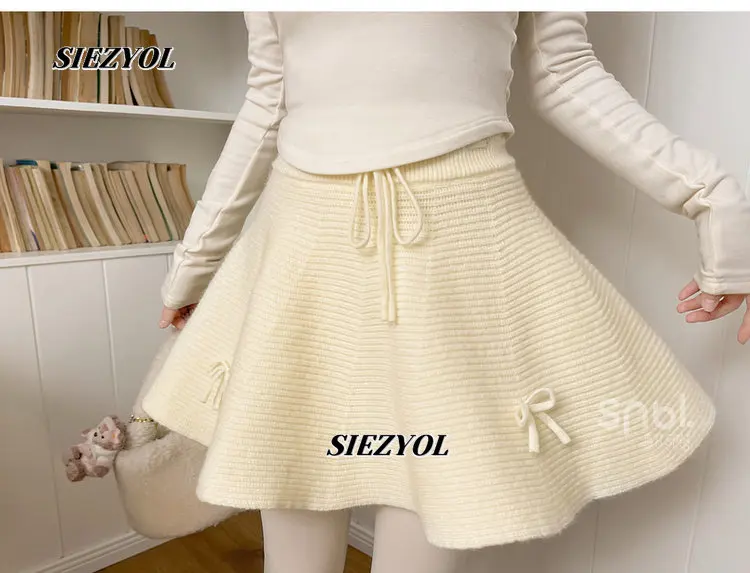 Sweet Wind Versatile Solid Color A-shaped Knitted Skirt Autumn and Winter New Fashion Bow High Waist Mini Skirts for Women