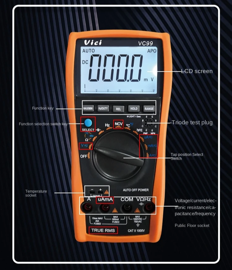High Performance VICI VC99 Auto Range Digital Multimeter for Testing Voltage, Current, Resistance, Capacitance and Temperature - view 6
