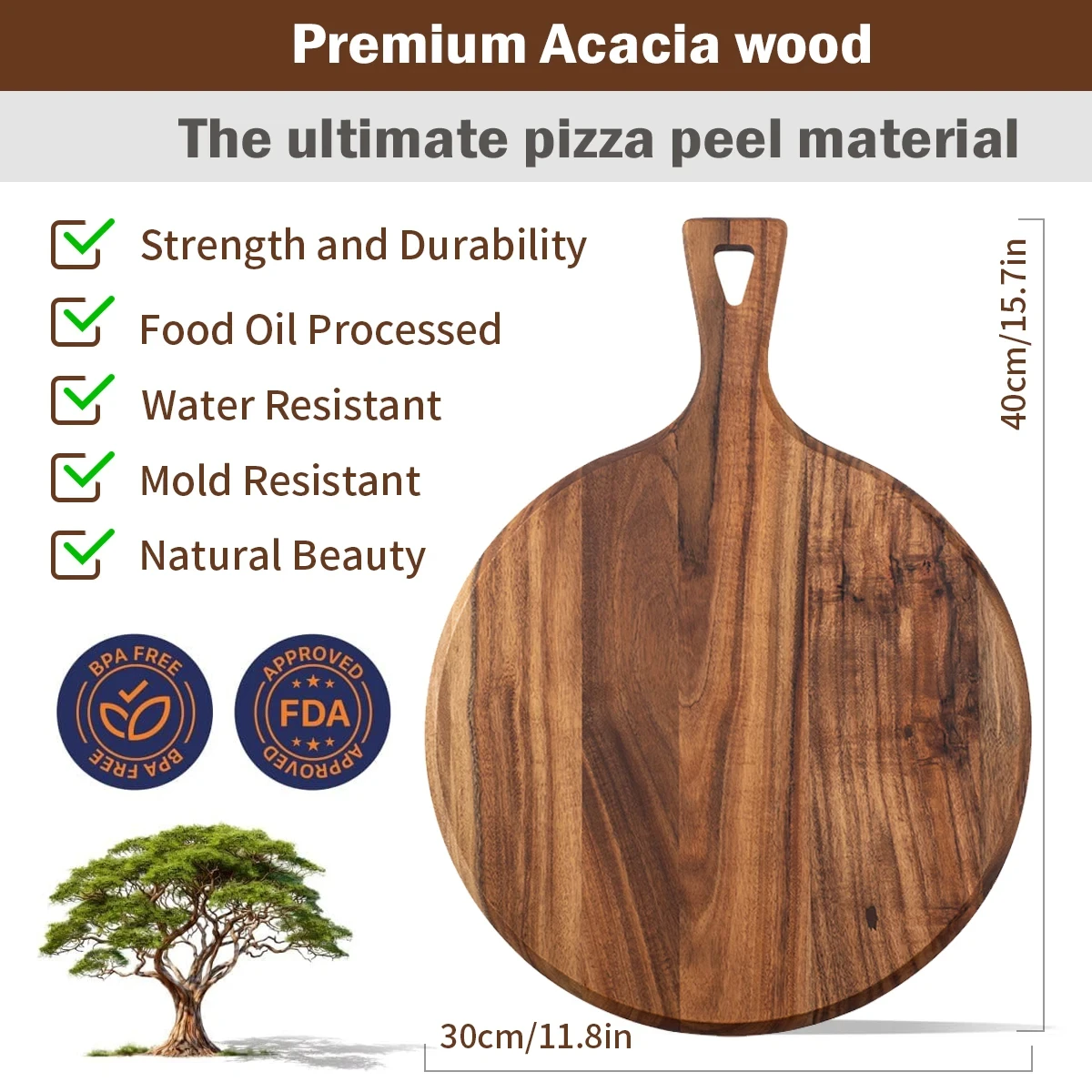 Acacia Wood Cutting Board with Handle Wooden Chopping Board Round Paddle Cutting Board for Meat Bread Serving Charcuterie