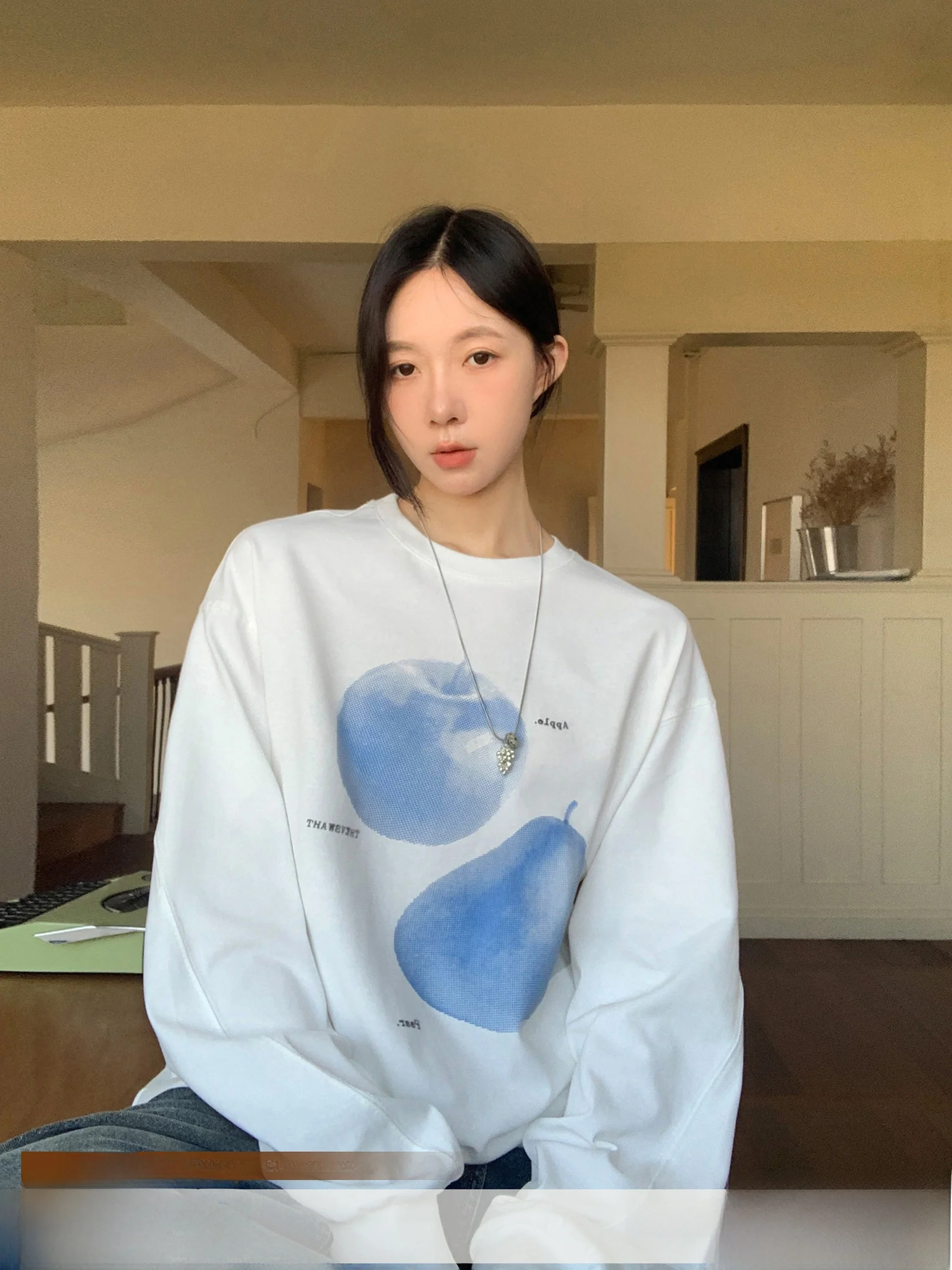 

Женская толстовка из чистого хлопка с круглым вырезом и принтом, осенне-зимняя, для ношения под одеждой, удобная, свободного кроя, с длинными рукавами