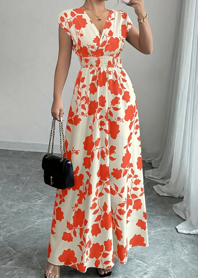 Summer Women's V-neck Dress Short-sleeved High-waisted Plant Print Simple Fashion Holiday Casual Long Dress for Female - Image 5