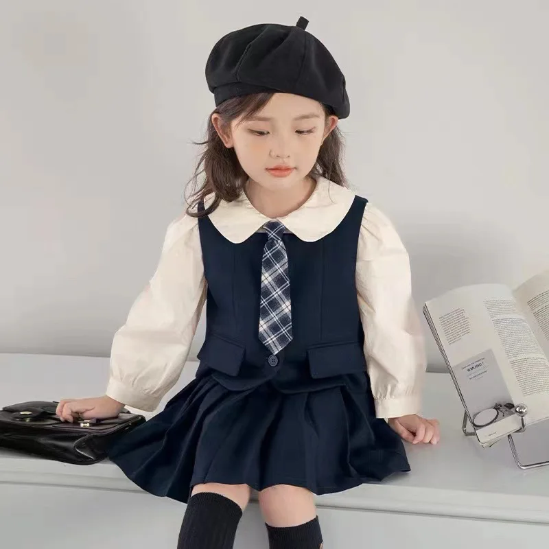 

Girls' College Style Set New Autumn Dress, Children's New School Dress, Vest Spring and Autumn Three Piece Set