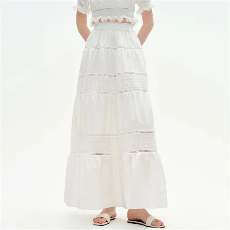 

Women's skirt New embroidered hollow out long skirt for summer 2025 Cotton blend women's half skirt Elastic waist vacation skirt