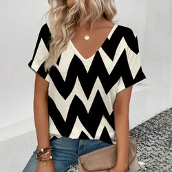 Women's Large Size Short Sleeve  V-neck T-Shirt Fashion Stripe Pattern Print T-Shirt Summer Casual Women's Short Sleeved T-Shirt