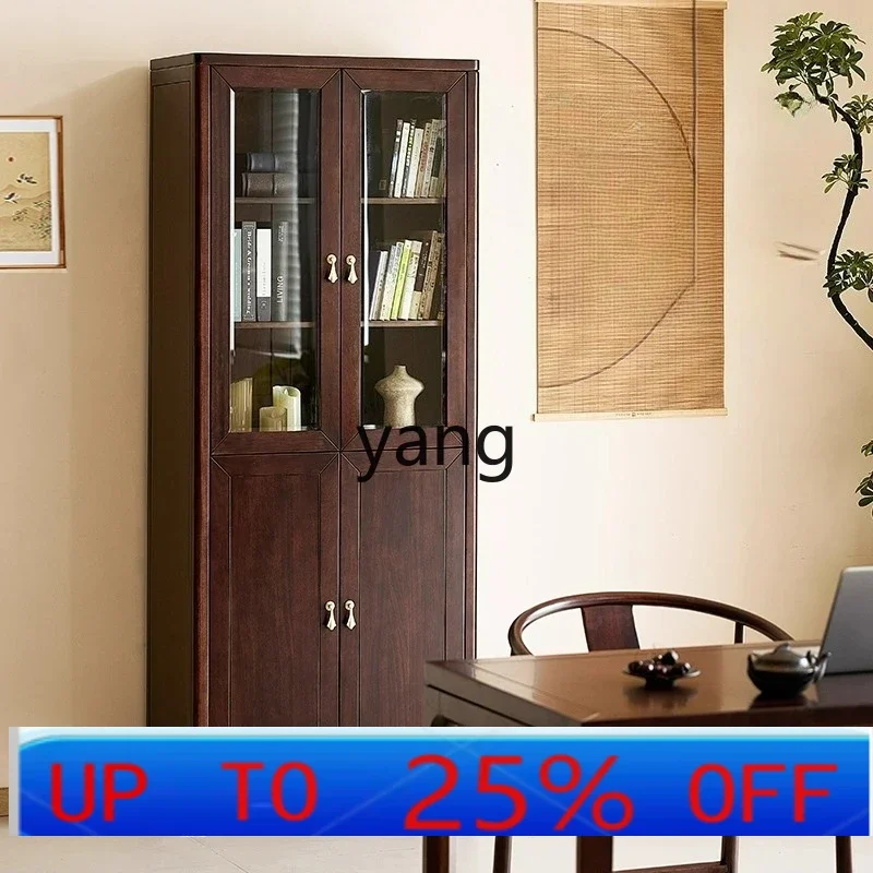 

Lhh New Chinese Style Solid Wood Bookcase Home Living Room Storage Cabinet Wall-Mounted Bookshelf with Glass Door