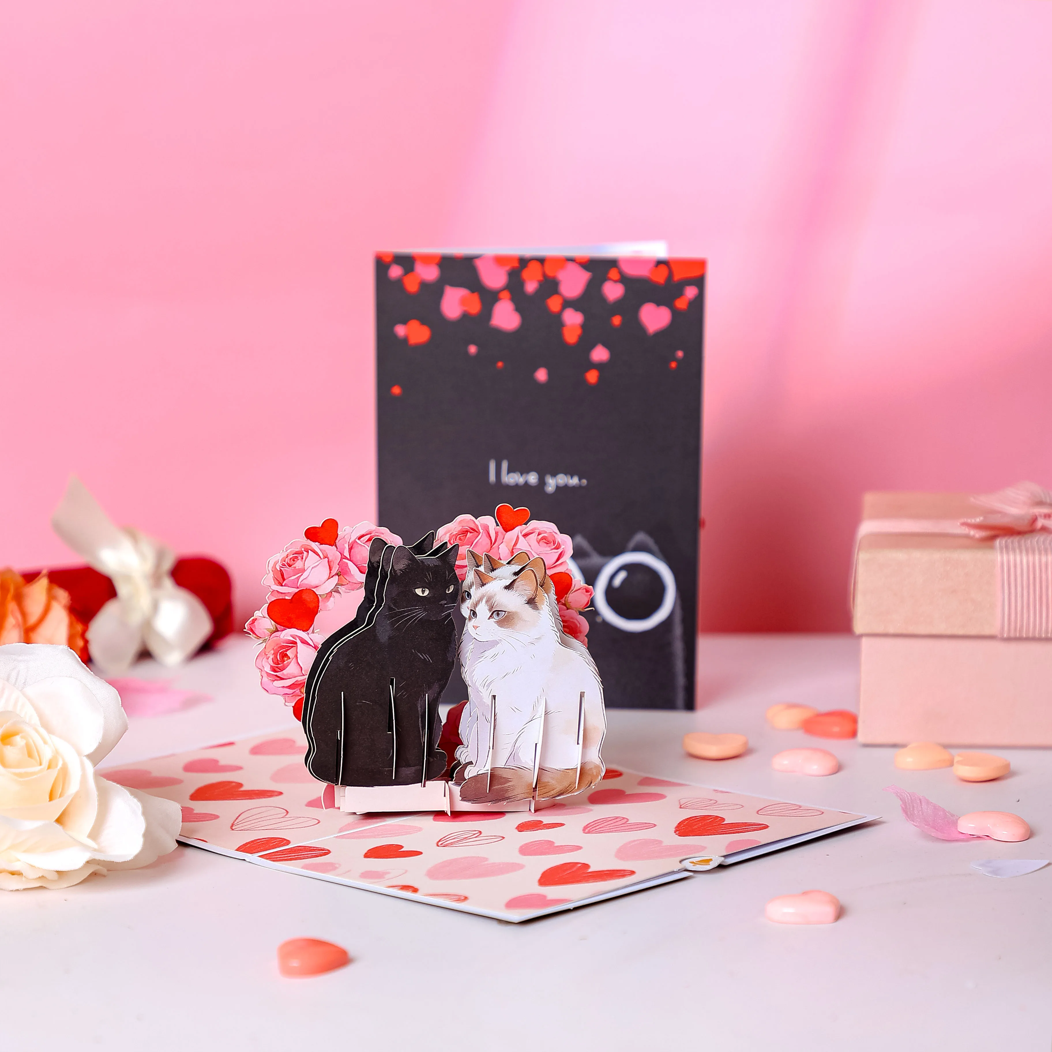 3D Pop-Up Grußkarte mit Katze und Herzen, Geeignet für Geburtstage, Jahrestage und Andere Anlässe