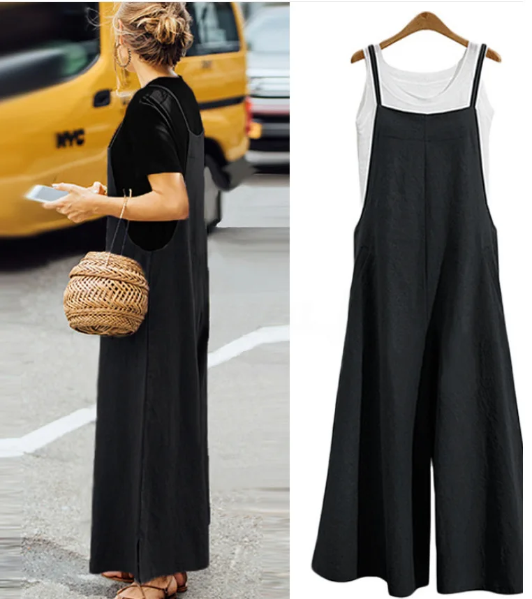 Casual Loose Jumpsuit Women Summer Solid Cotton Linen Straps Wide Leg Pants Dungaree Bib Overalls Sleeveless Oversized Jumpsuits