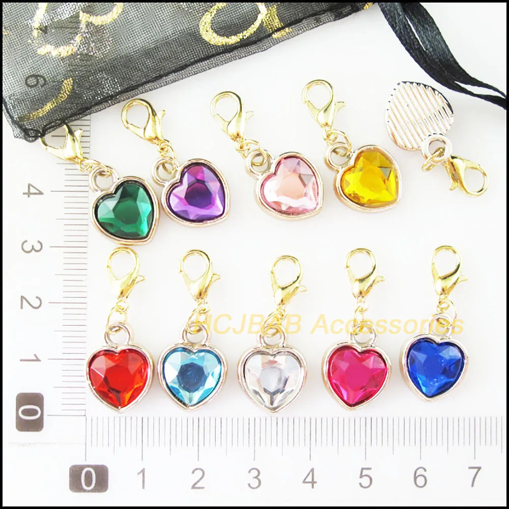 20Pcs KC Gold Plated Mixed Acrylic Heart With Lobster Claw Clasps Charms 12.5x16.5mm
