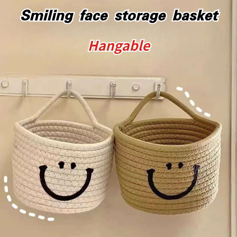 

Smiling face cotton rope Handwoven Storage Baskets Desktop Storage Basket with Hangable Use in home organization and storage 1PC