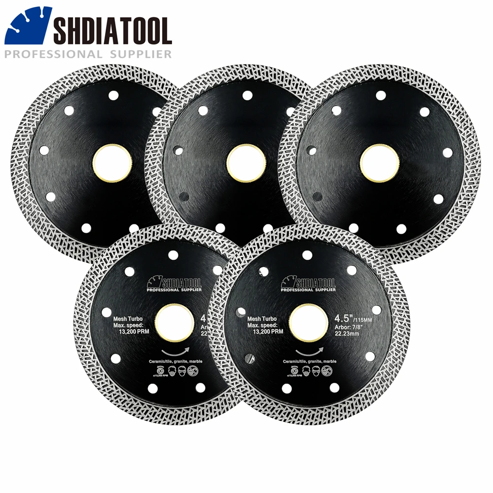 SHDIATOOL 5Pcs Dia115mm Mesh Turbo Cutting Disc Diamond Saw Blade for Porcelain Ceramic Tile Granite 4-1/2-Inch Diamond Cut Disc