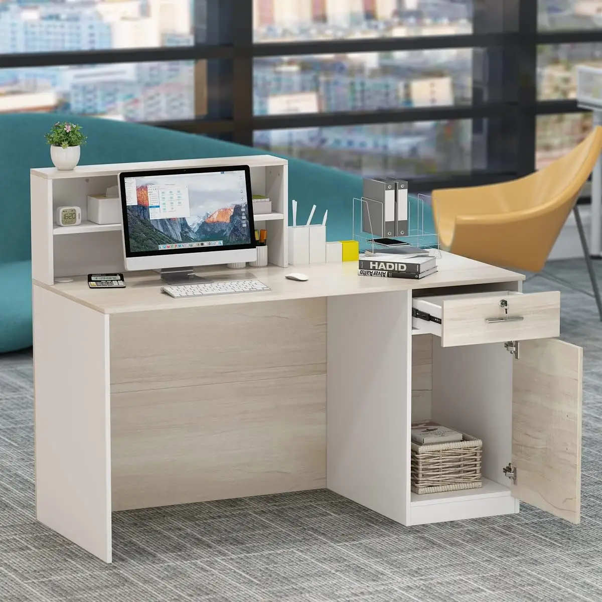 Reception Desk, Front Counter Desk With Lockable Drawer & Open Shelf, Reception Table Wooden Computer Desk For Office Reception