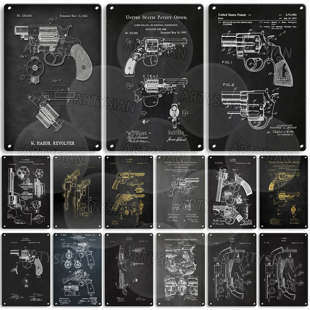 Revolver Patent Metal Sign Handgun Plaque Pistol Technical Drawing Poster C. Foehl E.T. Starr James Boland Whiting Samuel Colt