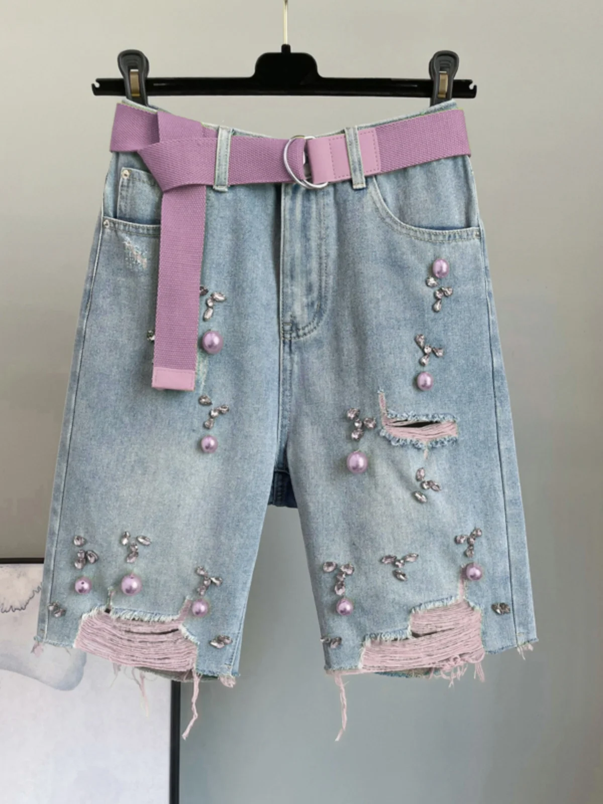 

Свободные джинсовые брюки с высокой талией и бриллиантами, новые летние женские брюки ручной работы с пятью точками