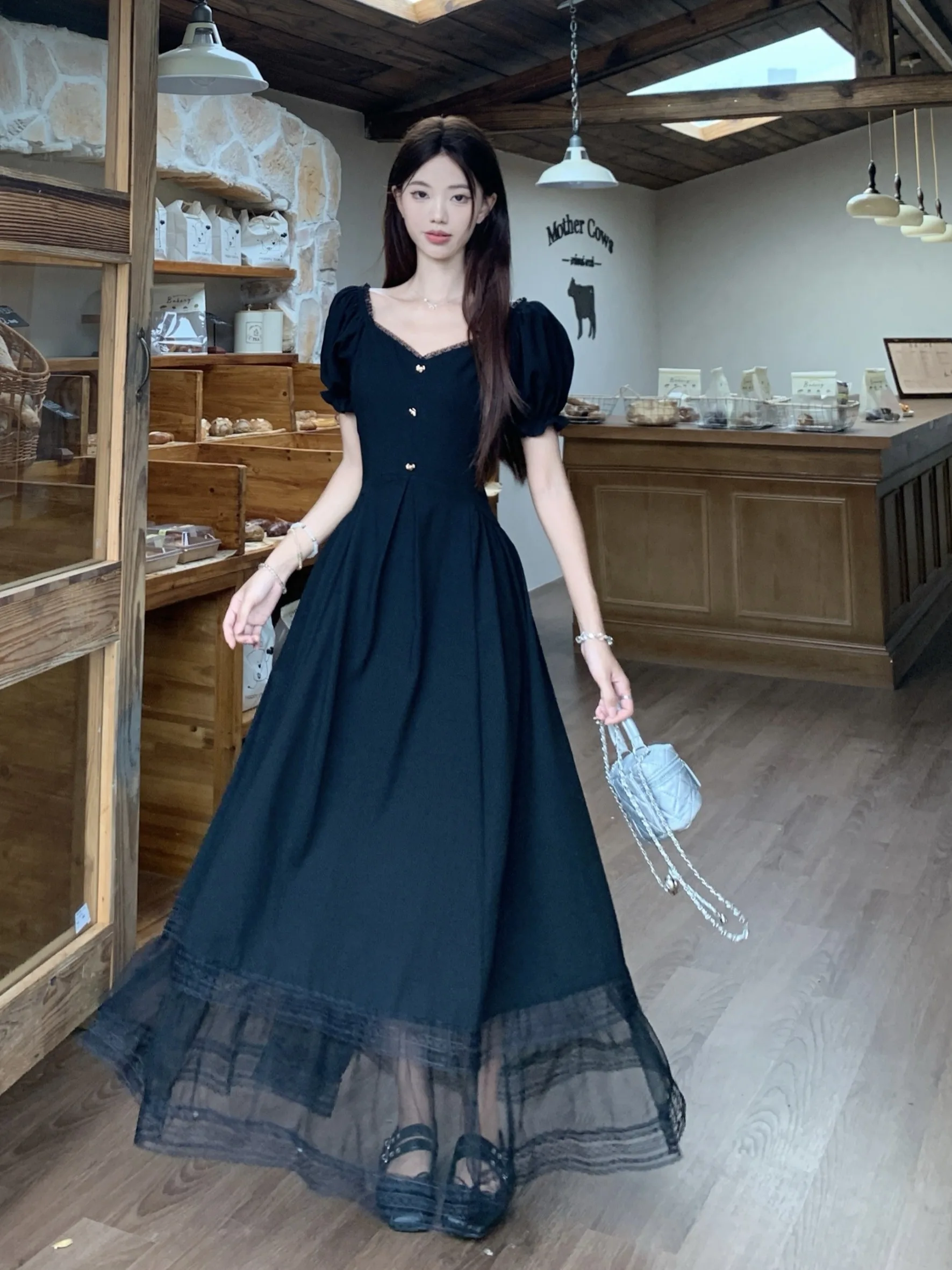 

plus Size Retro Tea Break Black Square Collar Short Sleeve Women's Dress Summer New Waist Cinched A-Line Long Dress