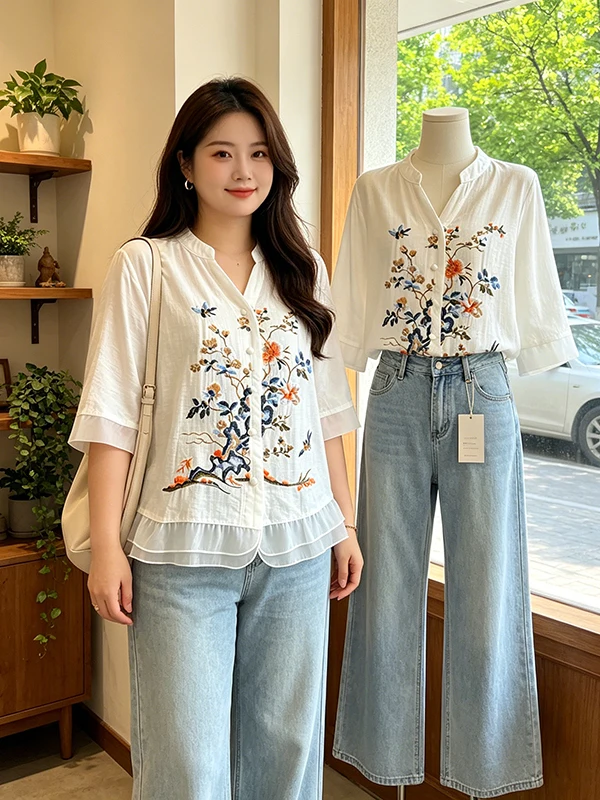 

plus Size Women's Summer New Style White Embroidered Shirt Slimming Beautiful Unique Five Sleeve Versatile Top Korean Style