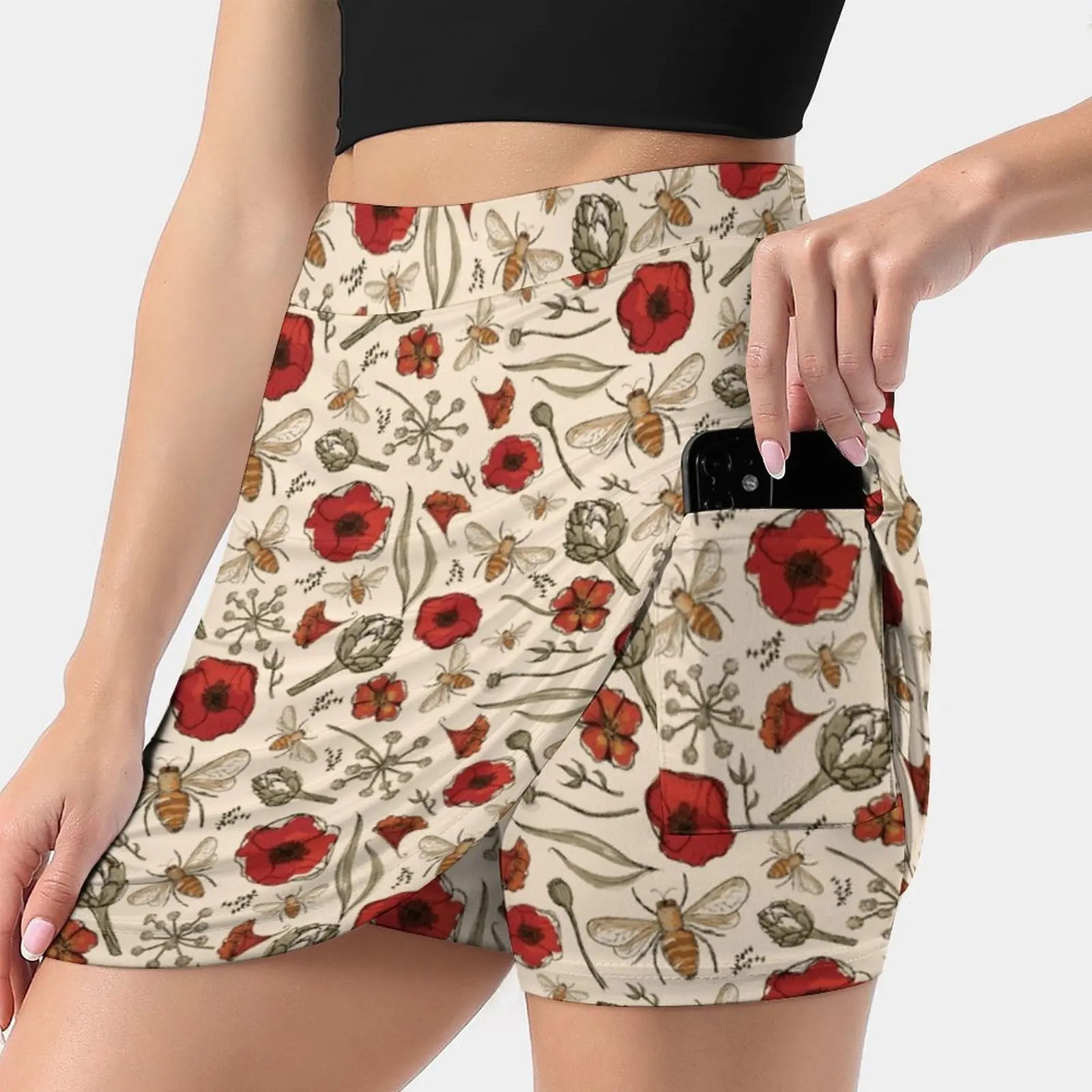 

Bees Women's skirt With Hide Pocket Tennis Skirt Golf Skirts Badminton Skirts Running skirts Bee Honey Hive Bumble Bee Poppies