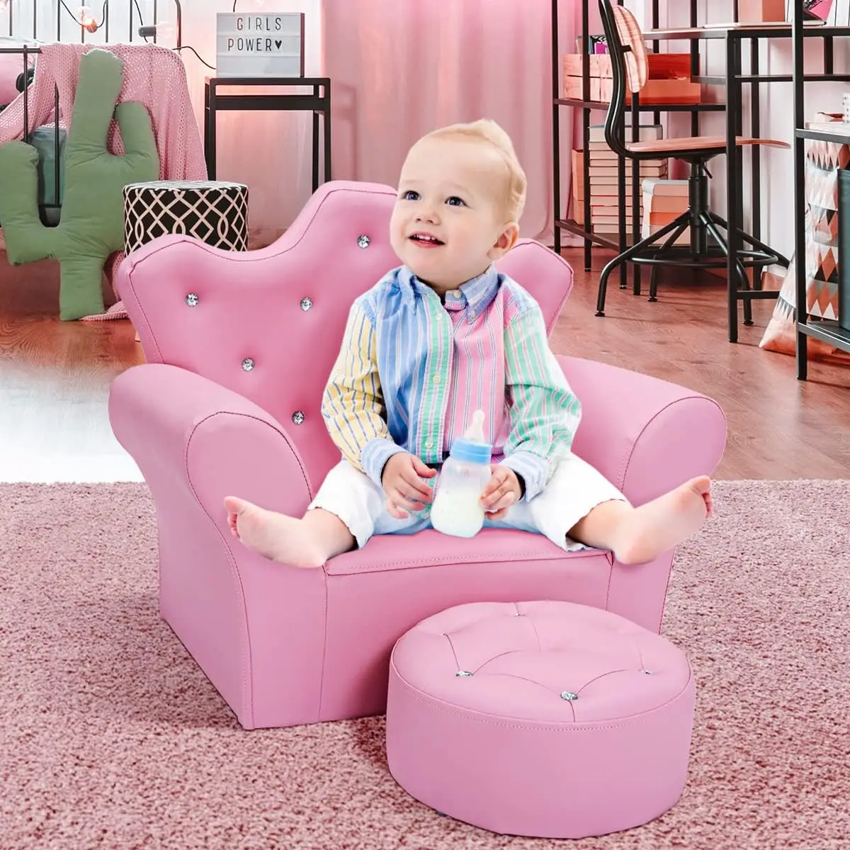 Comfort Corner,Kids Sofa,Children Upholstered Sofa with Ottoman, Princess Sofa Smooth PVC Leather Toddler Chair,Kids Couch