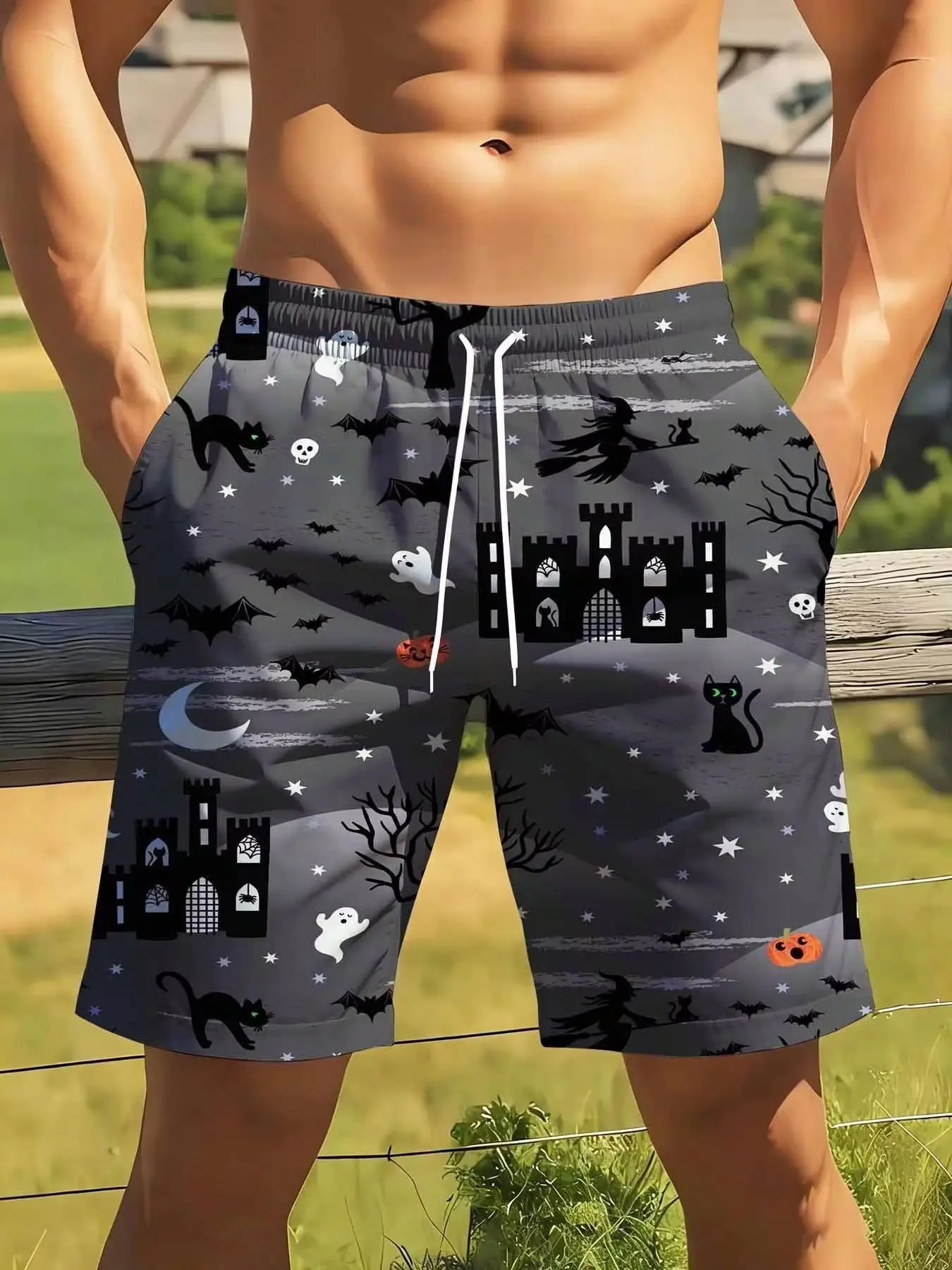 

Halloween Men Swim Trunks Castle Bat Ghost Cat Print Beach Shorts Quick Dry Swimming Boardshorts Plus Size Suitable For Casual Sports Wear