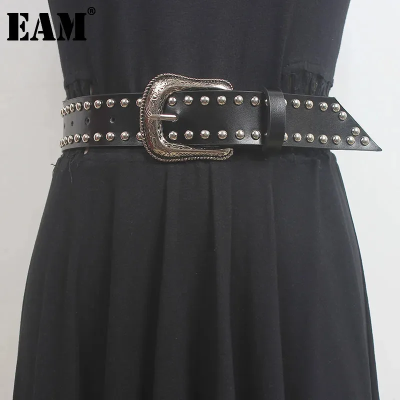 

[EAM] Pu Leather Black Rivet Long Vintage Wide Belt Personality Women New Fashion Tide All-match Spring Autumn 2024 1DH5551