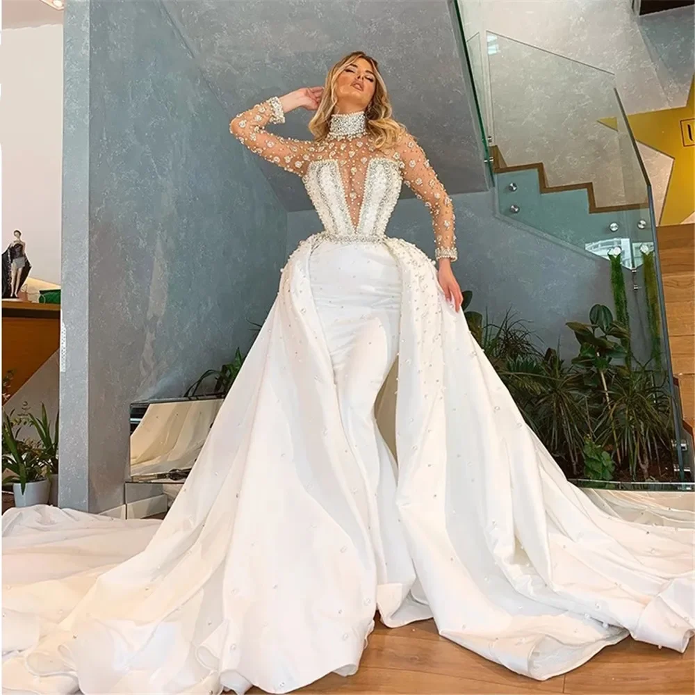 

Luxury Beaded Wedding Dresses Dubai Arabic Muslim High Neck Mermaid Bridal Gowns Long Train Vestidos De Noiva Custom Made