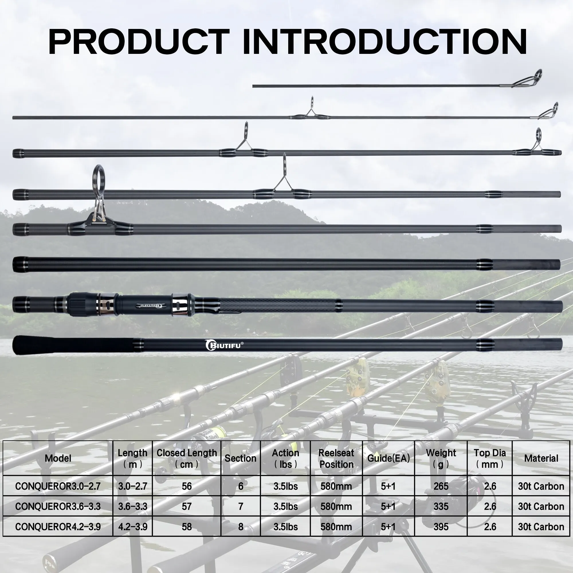 BIUTIFU 2 końcówki wędka karpiowa 3.5lb 7 sekcji 4.2/3.6/3.0m 30t włókno węglowe podróż rzucanie 60-150m Shore Casting wędka spinningowa