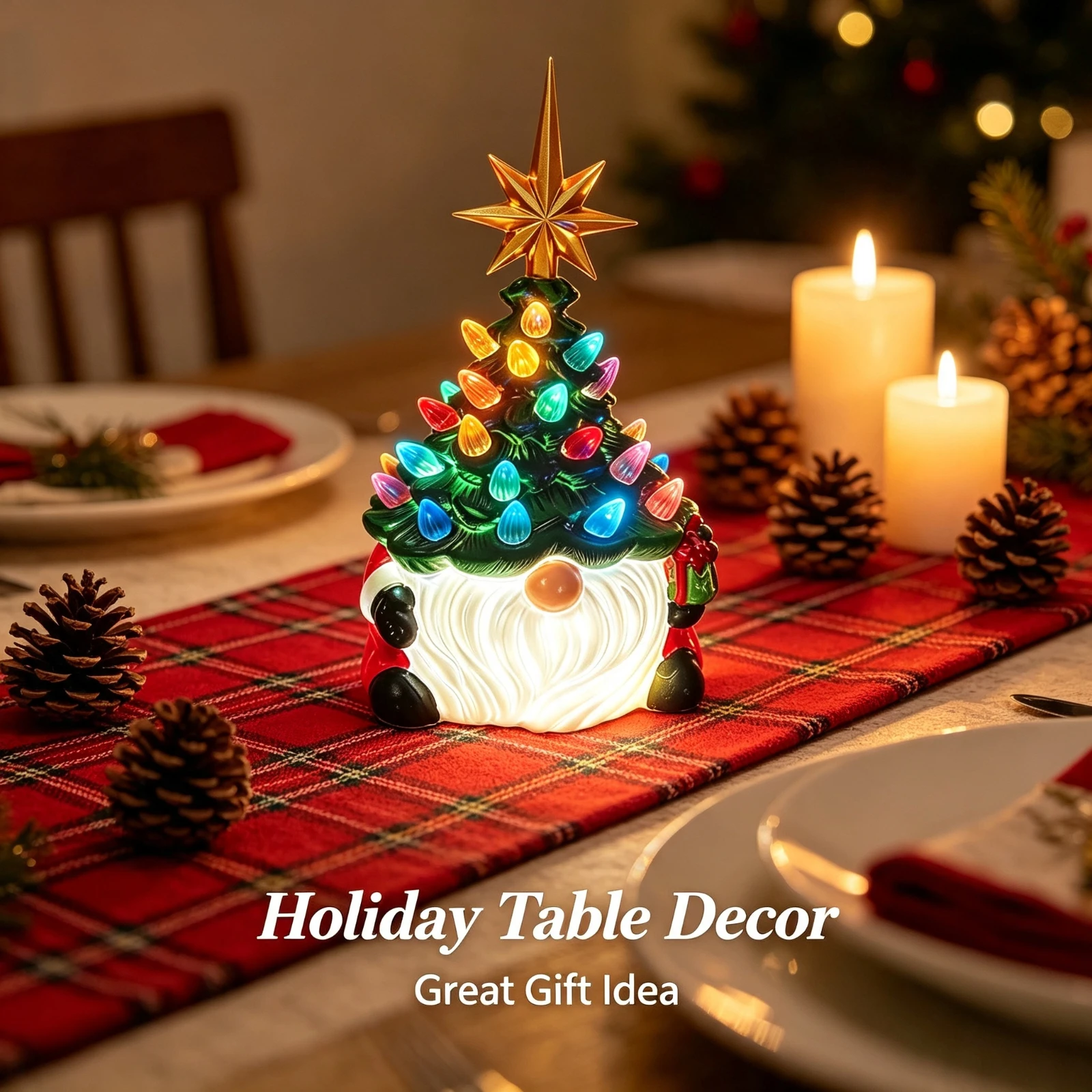 Illuminated LED Resin Gnome Christmas, Tree Light Up Tabletop Ornament, Battery Operated Xmas Decoration Home, Party Gift Decor