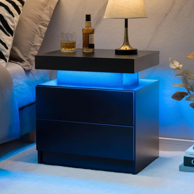 

Black Nightstand with LED Light Black Modern Bedside Table LED Nightstand with 2 Drawers End Side Table for Bedroom