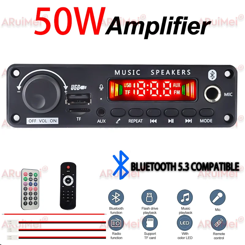 ARuiMei 50W 2 * 25W Amplifier Board Bluetooth 5.0 MP3 Decoder USB/TF/FM Car Stereo 6-18V Call Recording Folder Switching