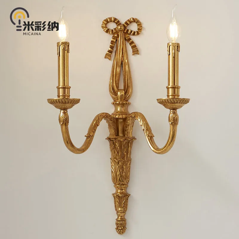 

French style dewaxed copper retro bow all-copper wall lamp European style villa living room study bedroom bedside staircase lamp