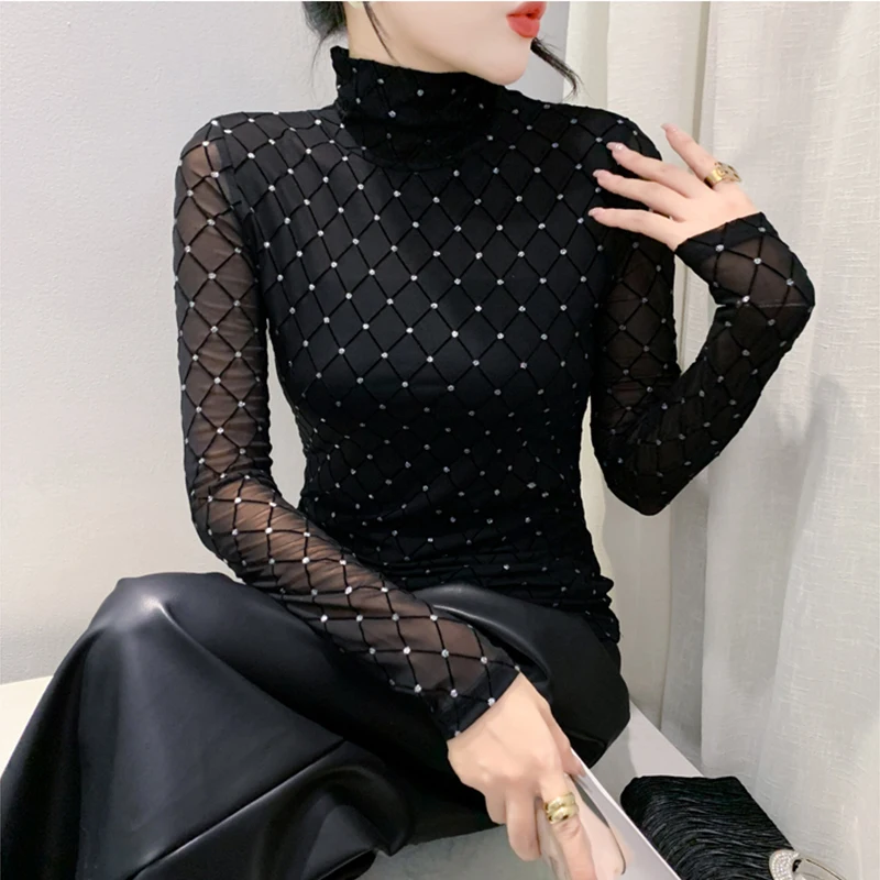 Diamond Ladies T-shirt High Collar Bottom Tops Checkered Tshirt Top For Women T-shirts Mesh Long Sleeve Blous Trend Female Tees