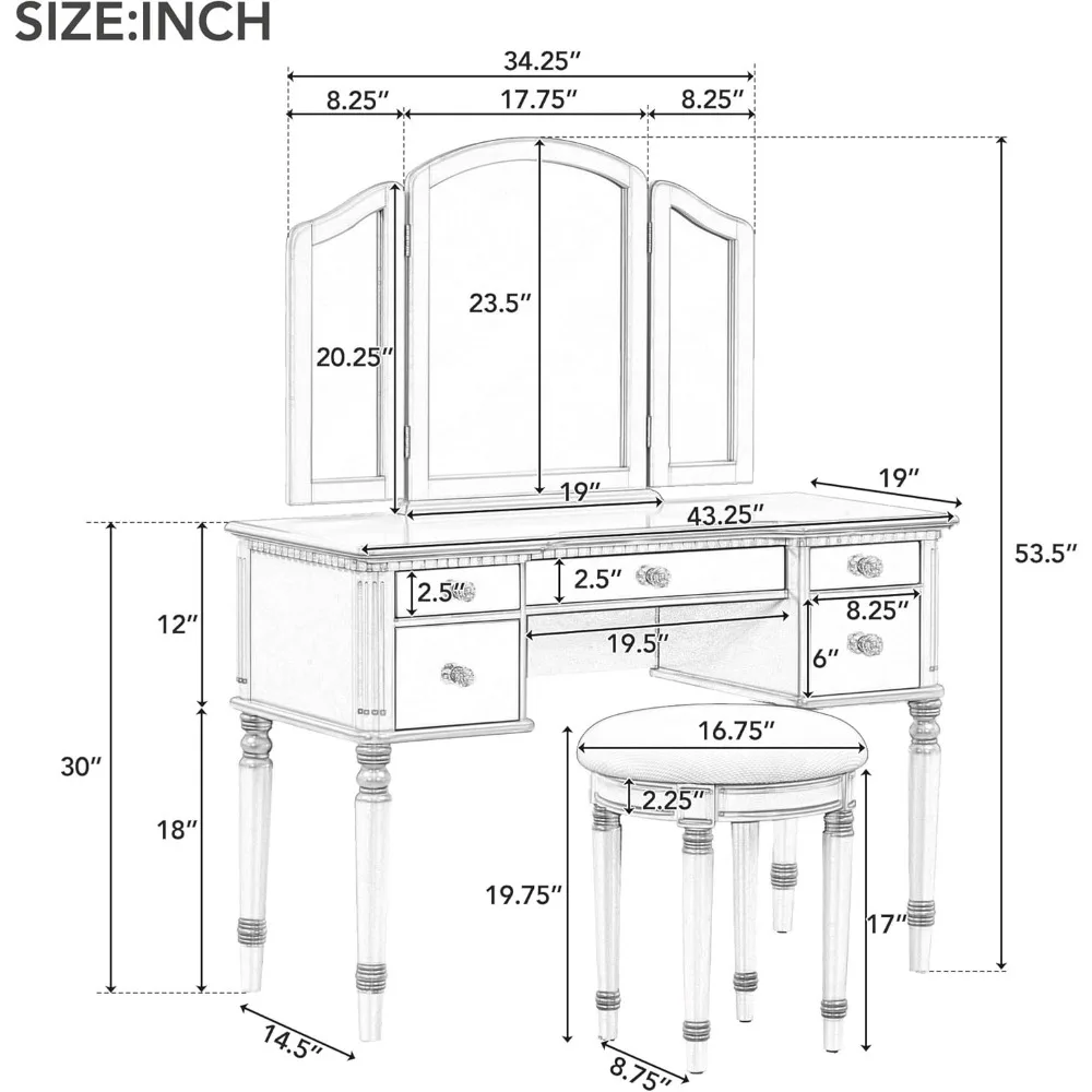 2 Sets of Dressing Tables, Dressing Table Set with Triple Folding Mirror, Drawer with Mirror and Stool with Cushion