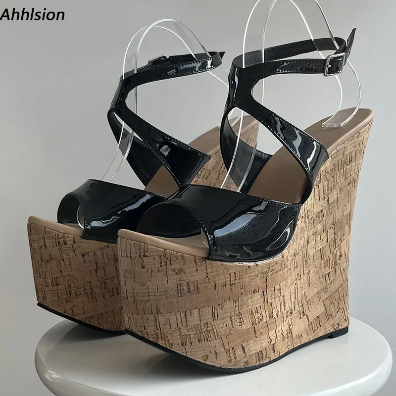 

Ahhlsion Handmade Women Summer Glossy Sandals Wedges High Heeled Peep Toe Classics Black Party Shoes Ladies US Size 4-15