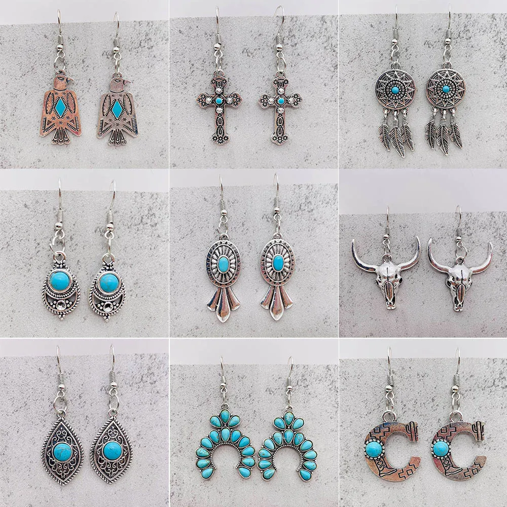 Vintage Ethnic Style Turquoise Earrings Cross Ox Head Cactus Western Cowboy Earrings for Women Jewelry Gifts