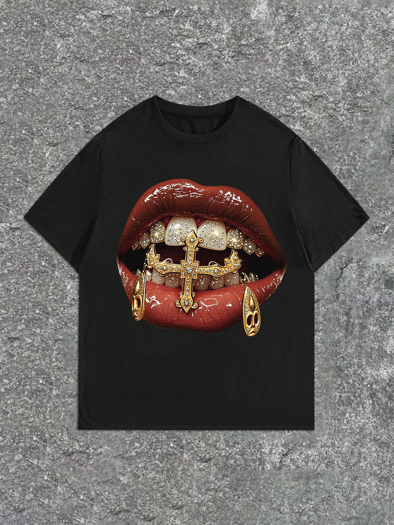 

Golden Lips Teeth Graphic Printing Summer Autumn Winter Cotton Men and Women T-shirt Short Sleeve Luxury Outdoor Sports Brand