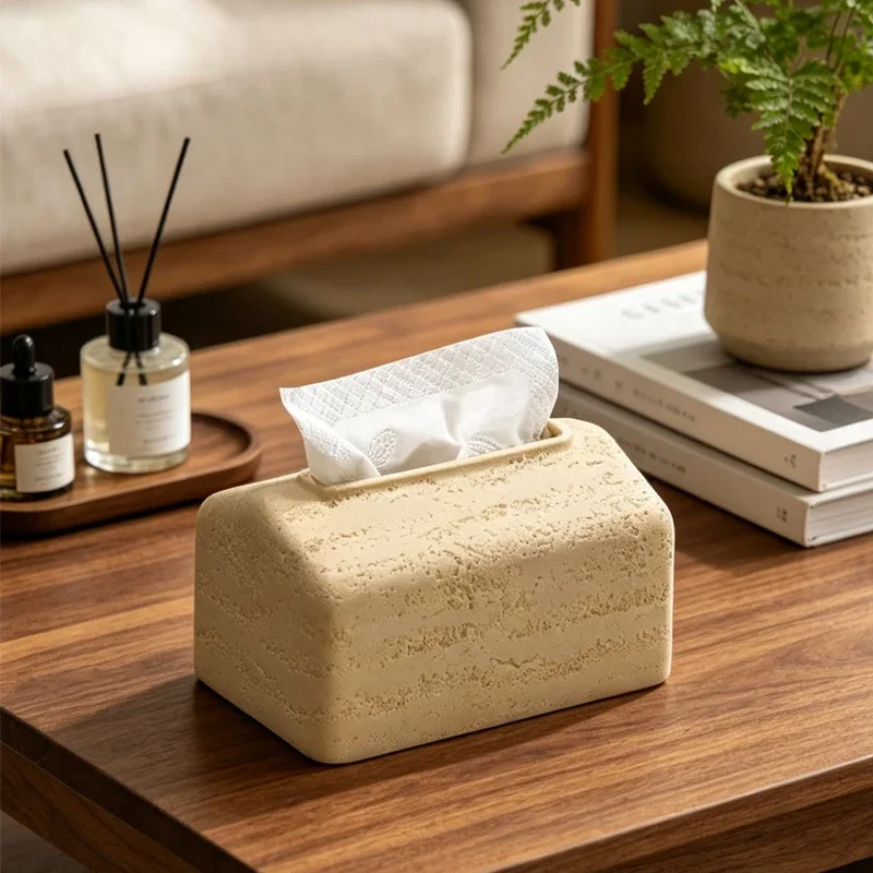 Natural Travertine Texture Tissue Box Beige Rectangle Tissue Holder Desktop Tissue Box Home Bathroom Living Room Home Decoration