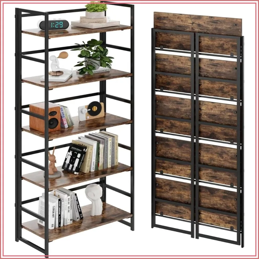 Vintage Folding 5-Tier Bookshelf No-Assembly Plant Stand Storage Rack for Home Office