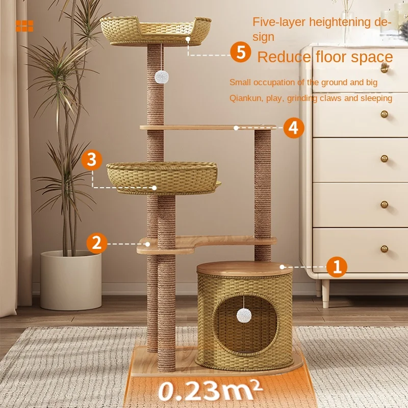 Rattan Cat Climbing Frame Nest Tree Multi-cat Toy Scratching Board Sisal Large Climbing Post Frame Cat Scratching Tree