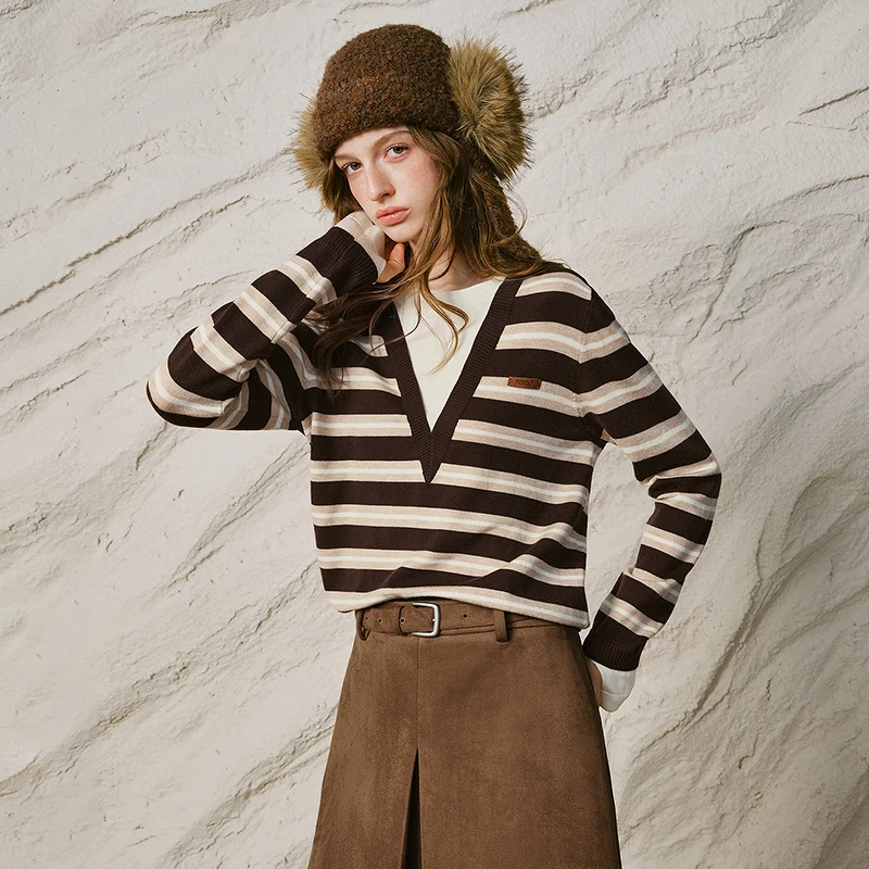 TOYOUTH Women Sweater 2026 Winter Wool Blend  New Fake Two Piece Striped Loose Crew Neck Pullover Tops
