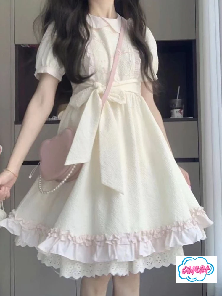 2025 verão doce estilo universitário arco cinta boneca colarinho lolita vestido feminino cintura e fina borda de folha de lótus fofo vestido de princesa