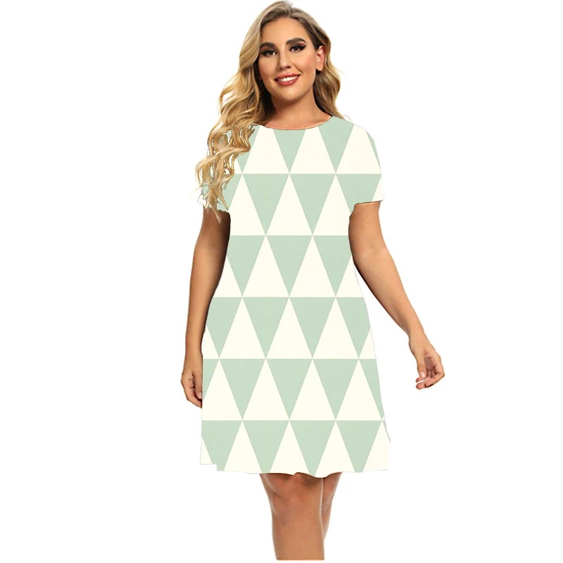 Heißer Verkauf 2023 Neue Frühling Frauen Plus Größe Kleid Mode Geometrie Diamant Graph Kleid Sommer Casual Kurzarm Rundhals kleid