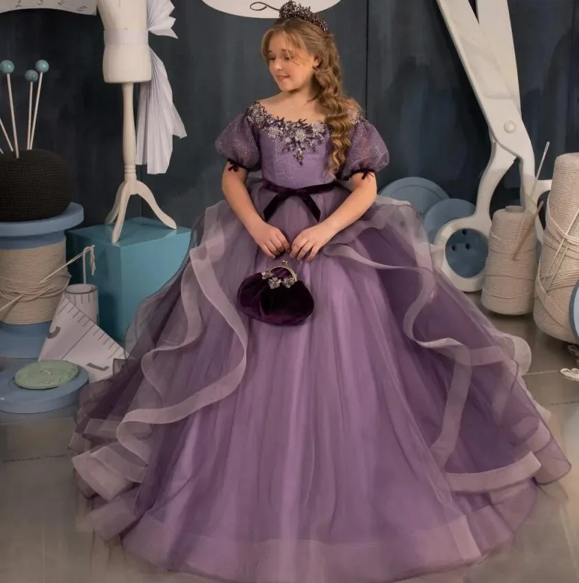 

Grape Flower Girl Dresses for Wedding Floral Ruffles Princess Girl Prom Gown for Photoshoot First Communion Gowns Customized