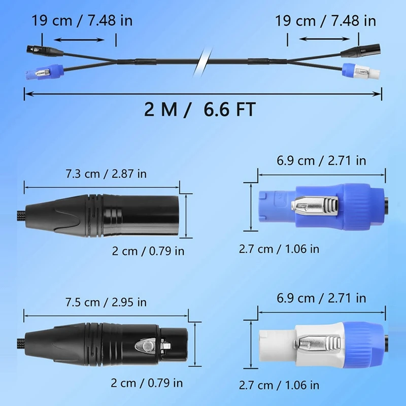 6.6 FT DMX512 Extension Cable, AC Power DMX512 3Pin XLR Signal Combo Cables for Stage Lighting, Concerts, Events-ABFB