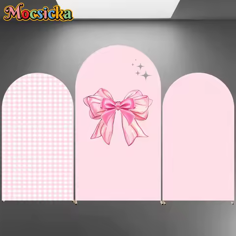 Mocsicka Pink Bow Arch Backdrop Cover Soft Double-Faced Grid Stripe Decoration Baby Shower Girl Birthday Party Arched Background