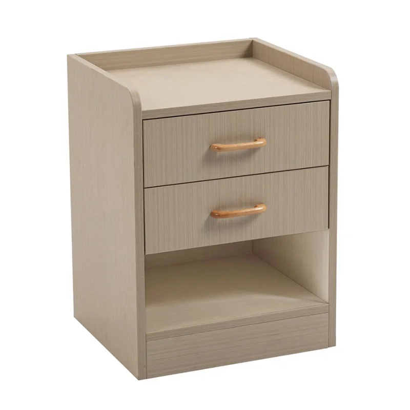 Stolik nocny vintage z drewna do sypialni, szafka nocna z 2 szufladami i otwartą półką do przechowywania.