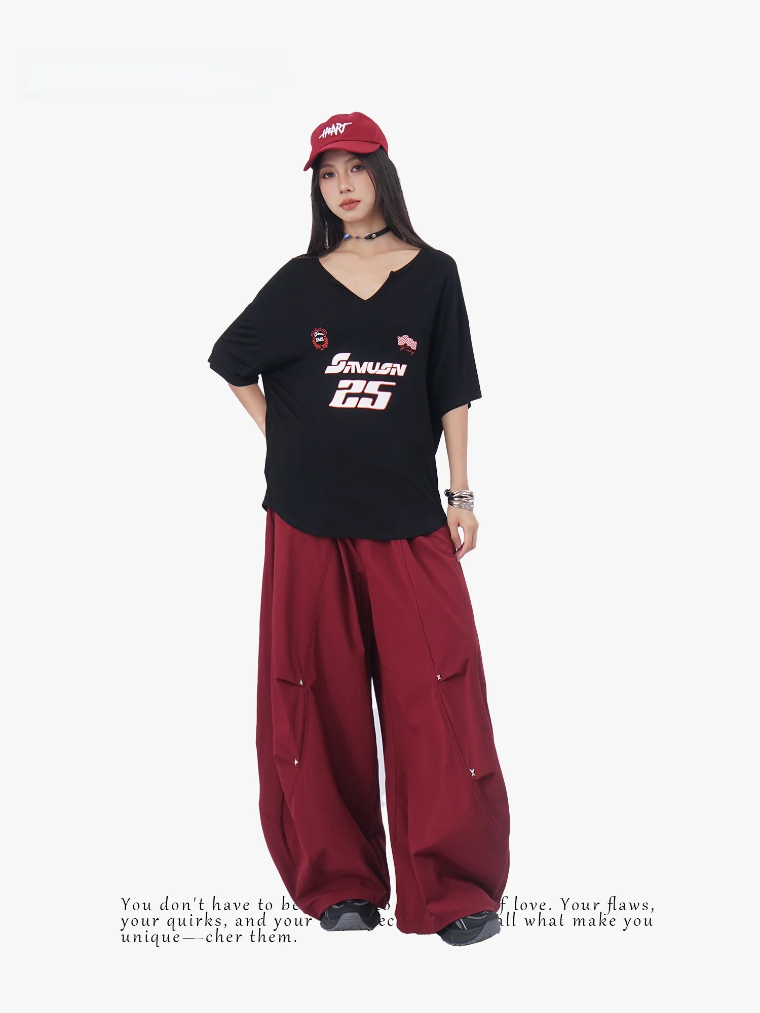 Loose Short Sleeve V-Neck Women's T-shirt Oldwater American Racing Style Color Block Print Casual Cotton High Waist Top